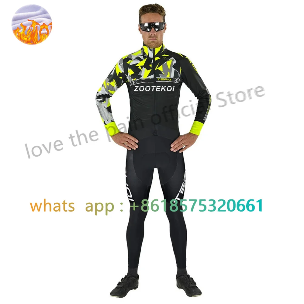 Zootekoi Winter Thermal Fleece Cycling Jacket Set Men Long Sleeve Chaqueta Ciclismo Bike Team Uniform Kit Cycling Equipment