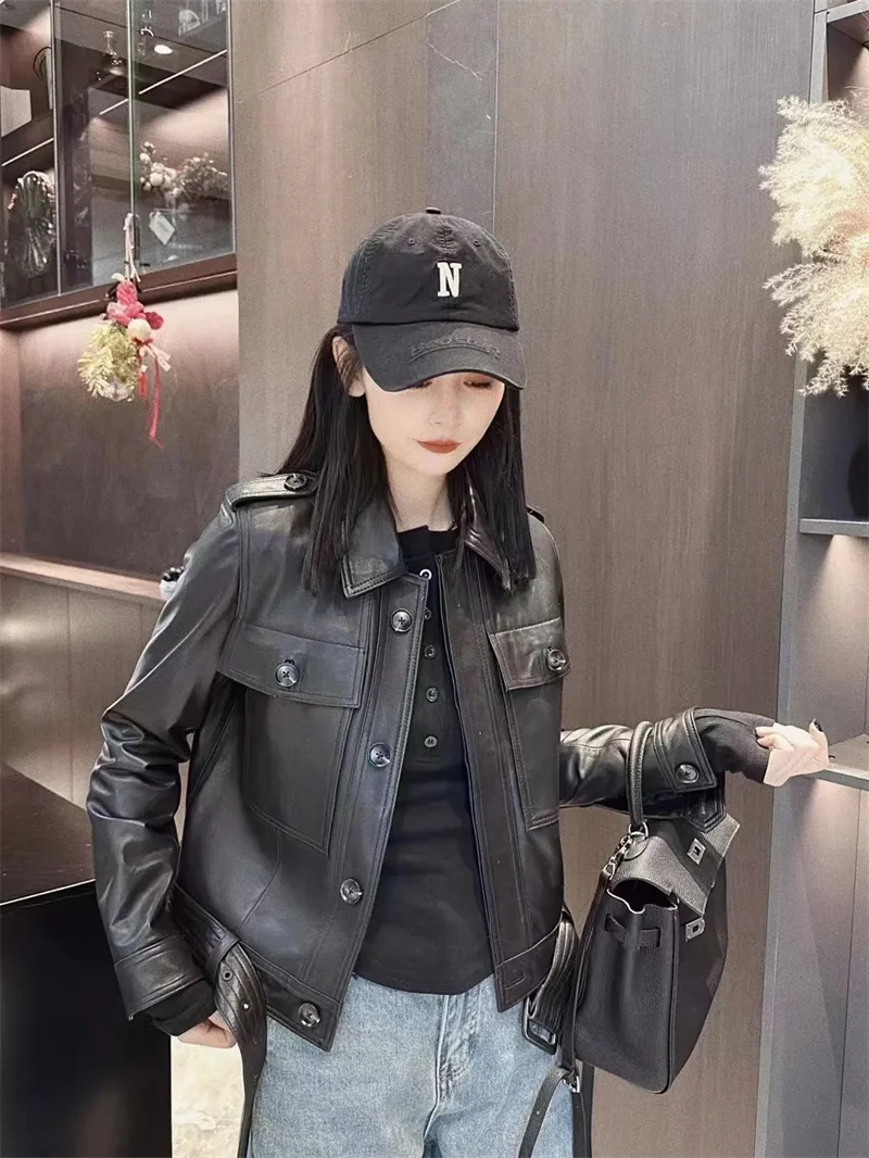海寧2025新作レザージャケット レディース 本革シープスキン バイク用 ショートスタイル チェン夫人と同じスタイル