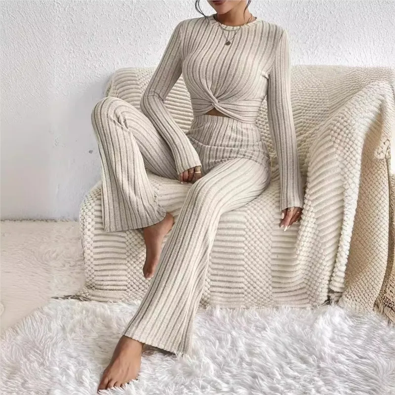 

Женский повседневный женский вязаный костюм с v-образным вырезом, топ и прямые брюки, однотонный свитер, комплект из двух предметов, домашний костюм, уличная одежда Hottie