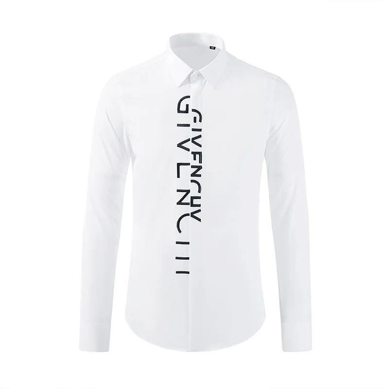 Spring and summer new style placket with messy letters embroidered high-end men\'s long sleeved shirt factory