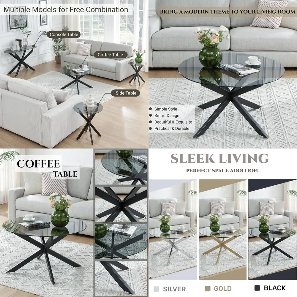 

Elegant Gray Tempered Glass Coffee Table, 35.5W x 19.7H, for Living & Home Office