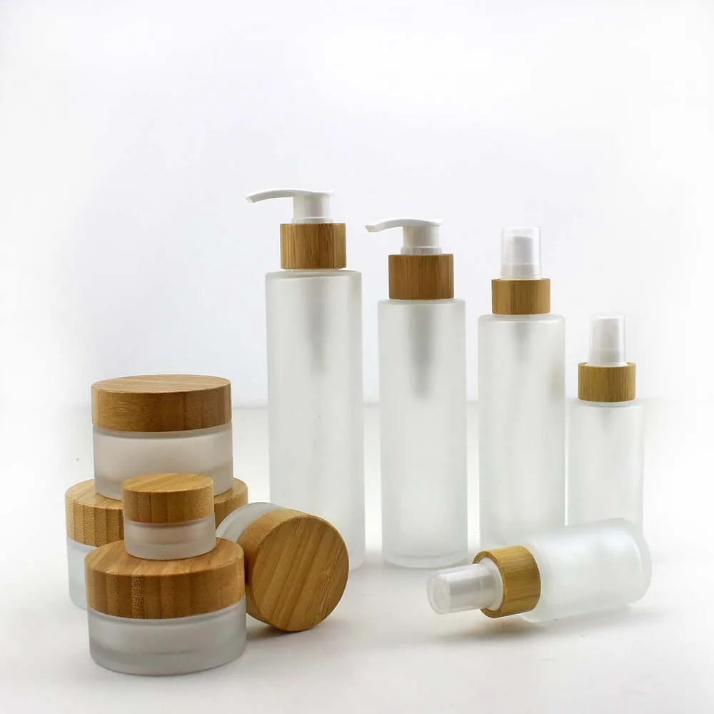 Natural Bamboo Perfume Bottle Frosted Glass Empty Cream Lotion Jar 30ml-200ml DIY Cosmetic Containers Shampoo Pump Bottle Travel