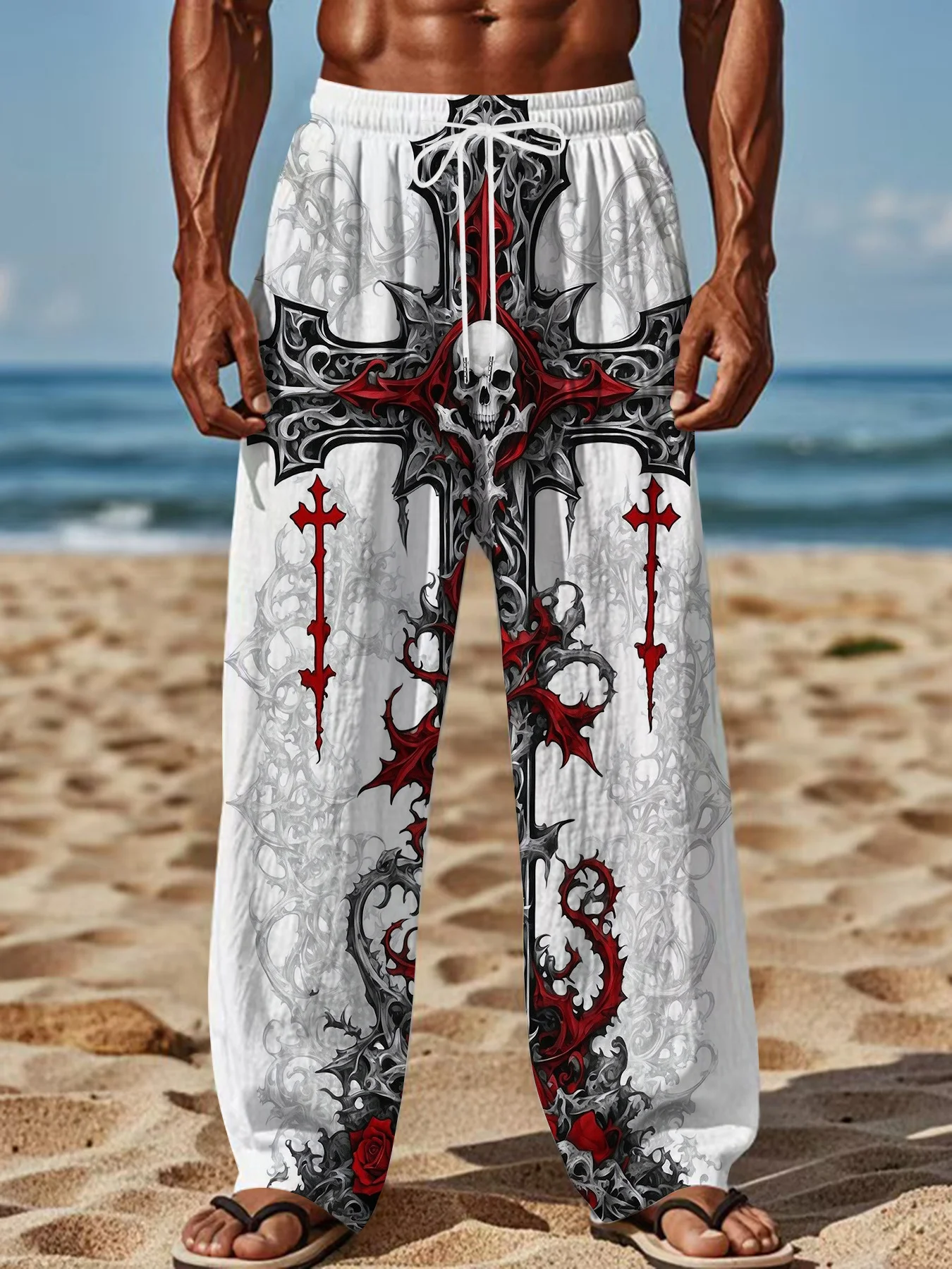 Unisex Straight-Leg Jogginghose mit Gothic-Kreuz-Tribal-Print, Y2K Punk Hip Hop Streetwear, Alltags-Outdoor-Modehose – Detail 5