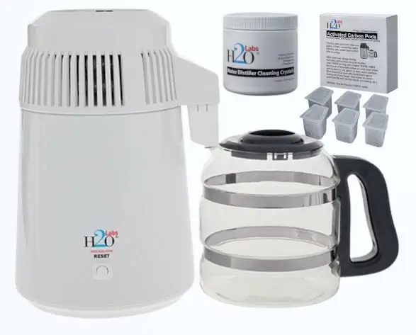 

Настольный дистиллятор для воды объемом 1 галлон с корпусом из белого эмалированного металла, стеклянной колбой и функцией удаления ЛОС