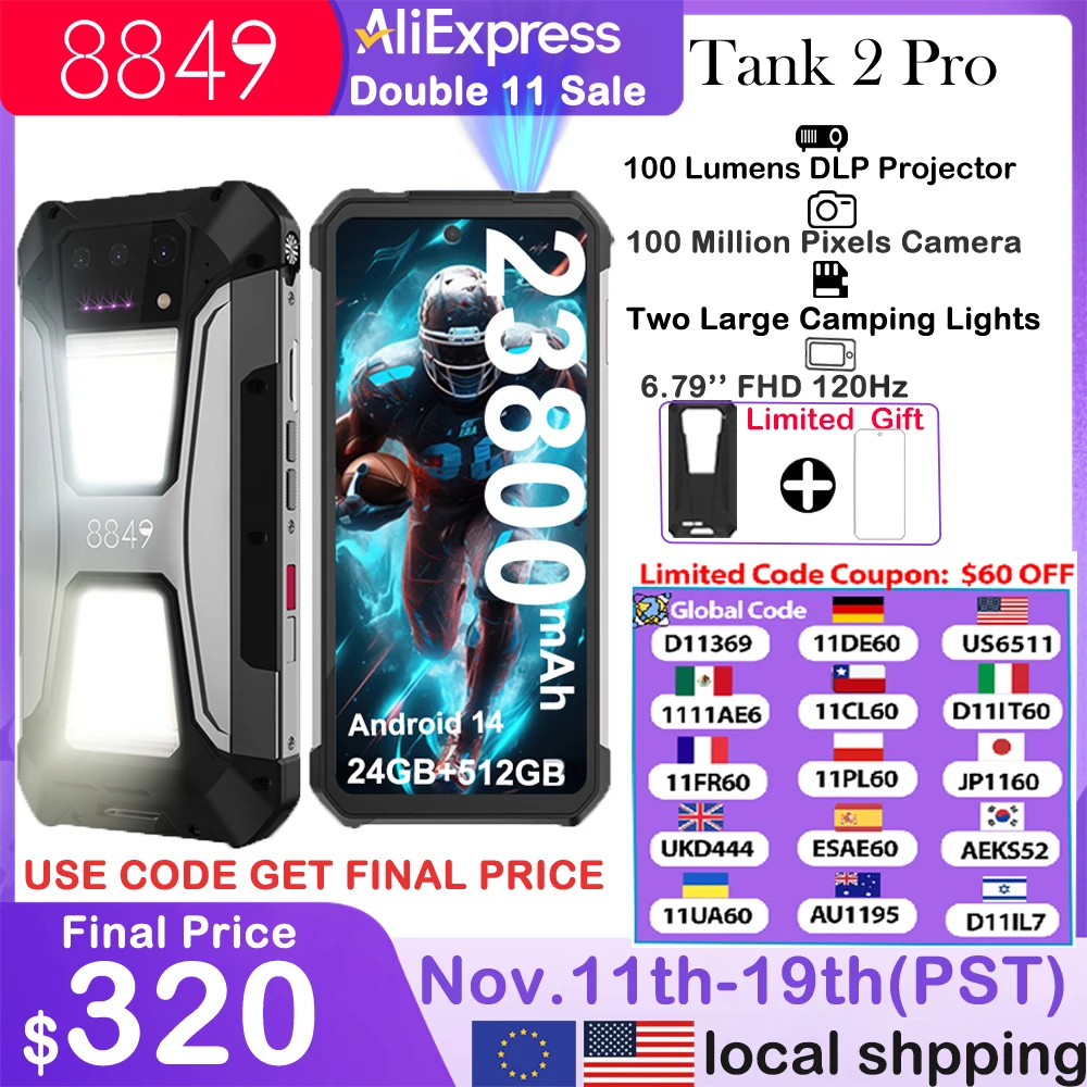 

8849 Tank 2 PRO Projector Rugged Smartphone Android 2.4K 24GB 512GB 100MP Camera 23800mAh 120W Dual Sim OTG Phone