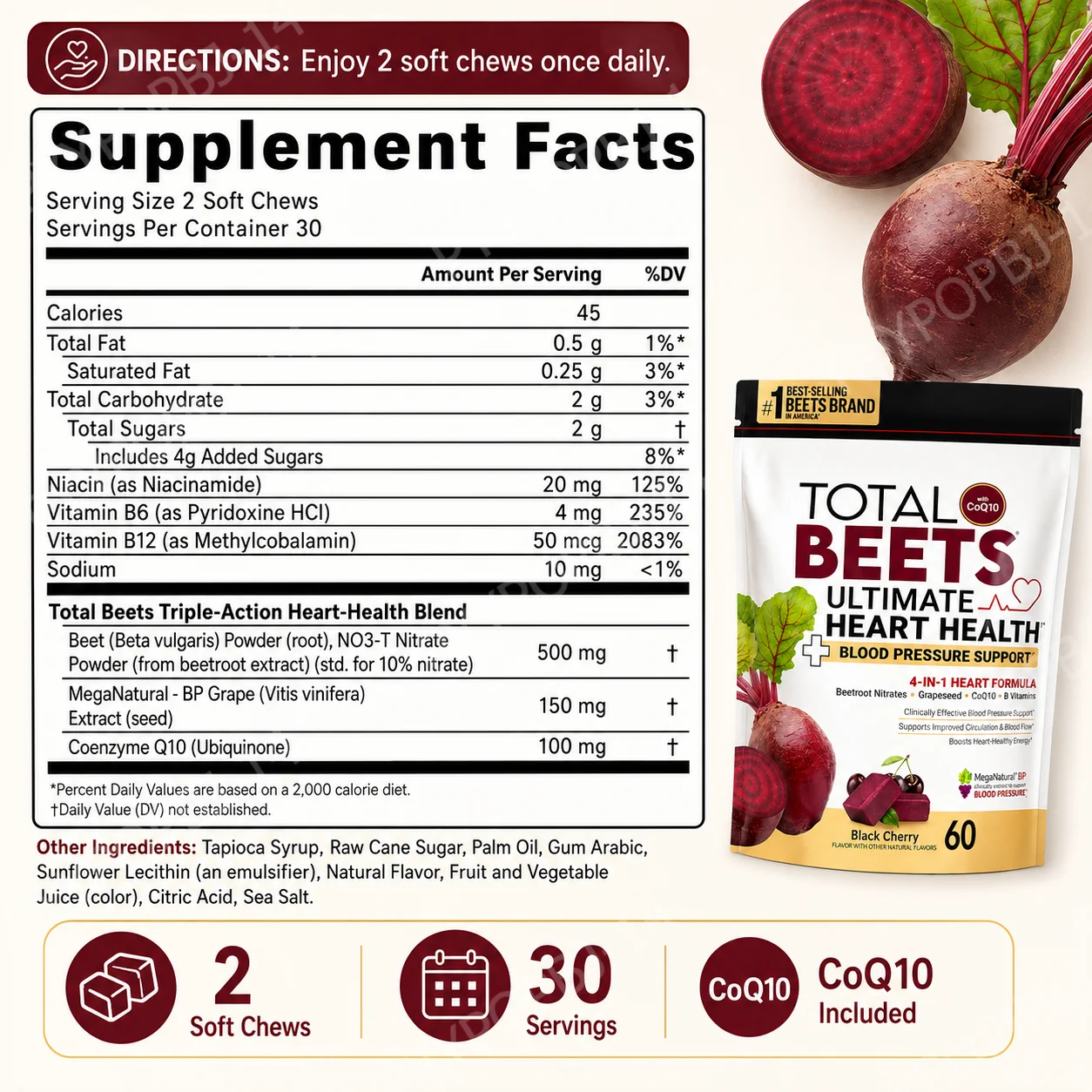 Beetroot CoQ10 Gummies 60 Soft Chews with Grape Seed Extract & B Vitamins Daily Black Cherry Wellness Support Supplement
