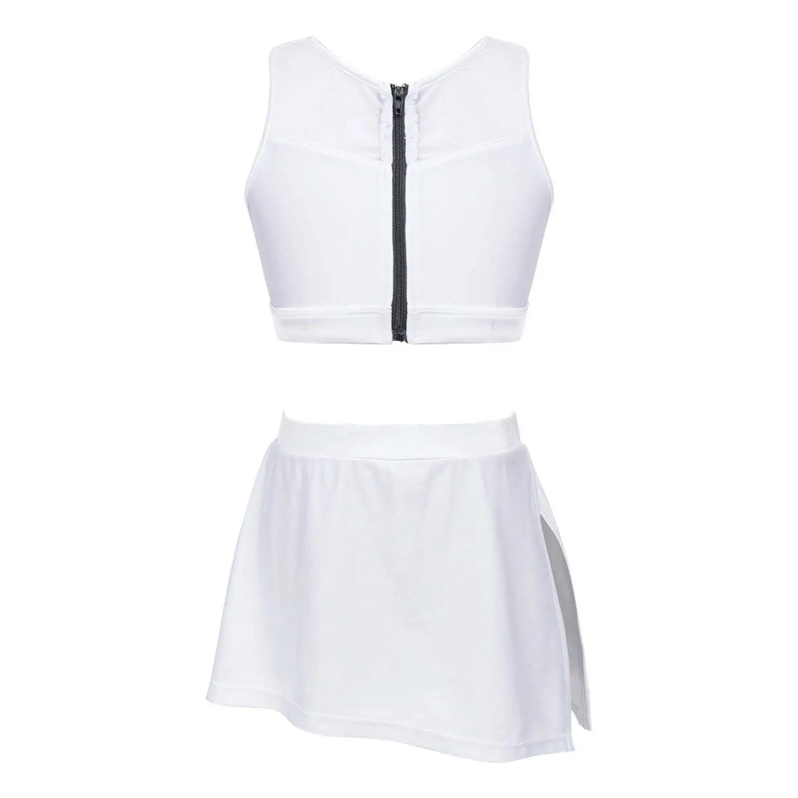 White Kids Girls Tennis Skorts Sets Badminton Golf Sport Suits Mesh Front Zipper Vest Top Split Skirts Set Dance Outfit Costumes