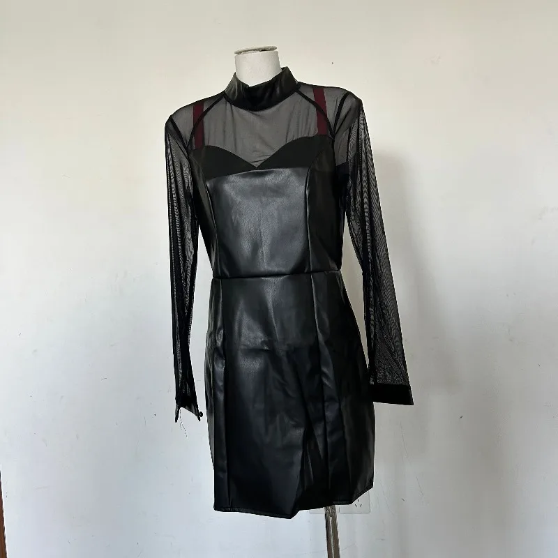 Abito in PU con giunture in rete nera Abito attillato alla moda a maniche lunghe Bodycon Skinny Slim Mini gonna da sera per feste Abiti femminili sexy