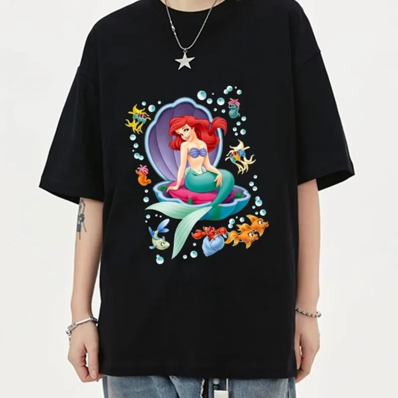 MINISO Disney Little Mermaid Ariel T Shirt Women Couple Clothes Short Sleeve Collar Fashion Man Cotton Summer Sporty