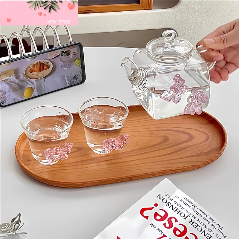 

Стеклянный чайный сервиз с розовой бабочкой, элегантный чайник, чашка для кипячения чая, теплый винный горшок, домашняя вечеринка, чашка для дегустации чая, праздничный теплый подарок