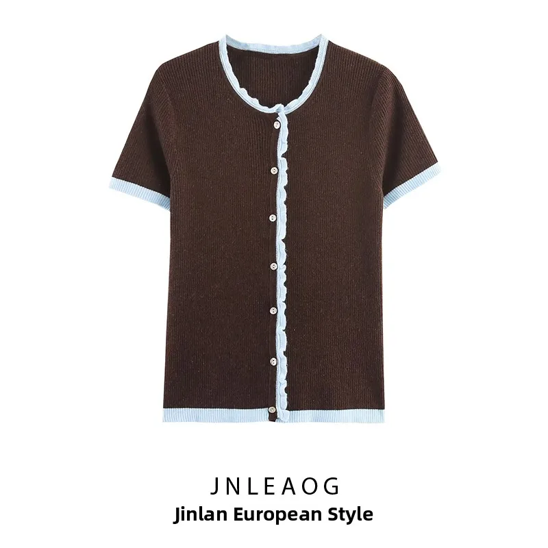 

Модный вязаный кардиган с цветовыми блоками и коротким рукавом для женщин, осенняя новинка JNLEAOG, из полиэфирного волокна, на пуговицах