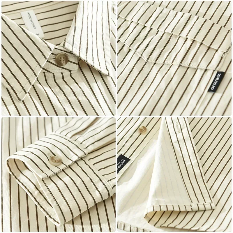 

Повседневная полосатая винтажная рубашка с длинным рукавом, мужская весенне-осенняя повседневная мужская рубашка с двойным карманом, японская рубашка, рубашка на пуговицах из чистого хлопка