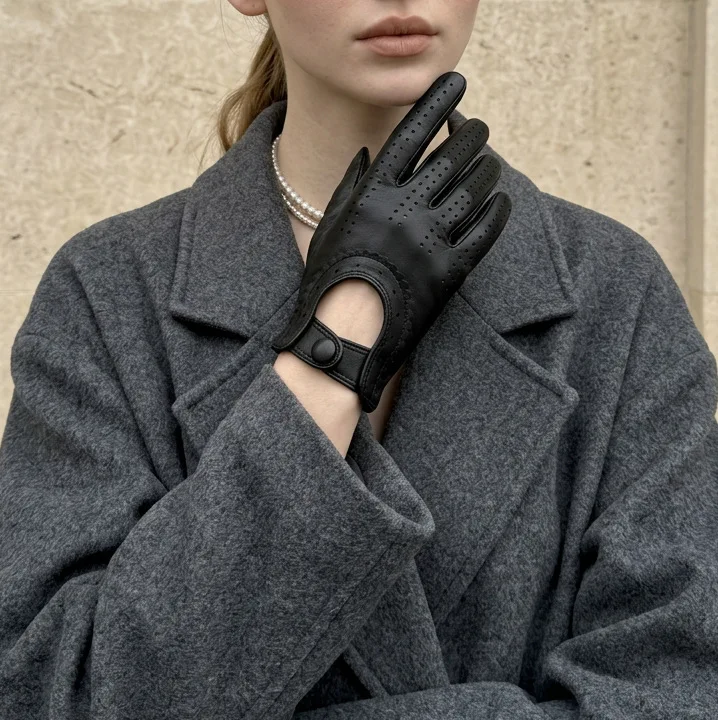 Natural Leather Women's Hollow Out Sheepskin Leather Glove Female Spring Autumn Motorcycle Driving Glove R2604