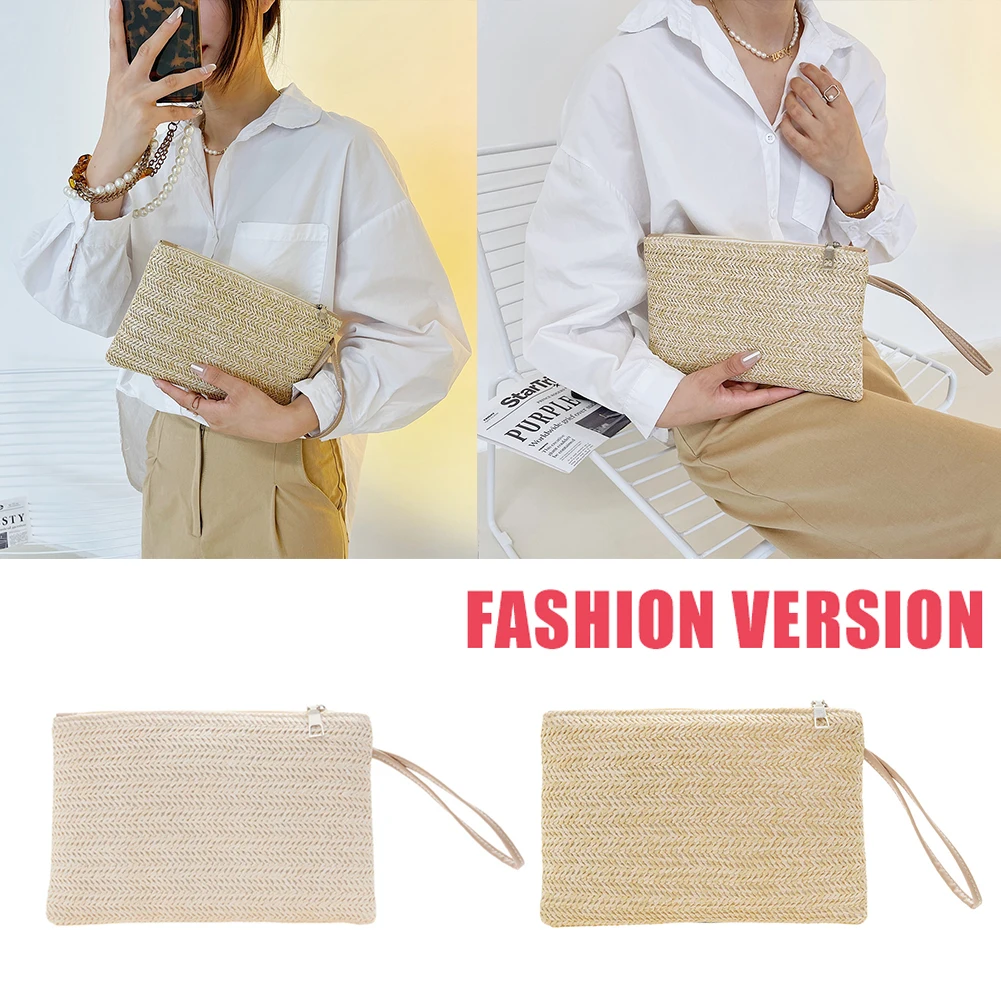 Elegant Straw Handbag Clutch Summer Beach Bag Women Bohemian Style Beach Summer Woven Clutch Wristlet Bag Solid Color Purse