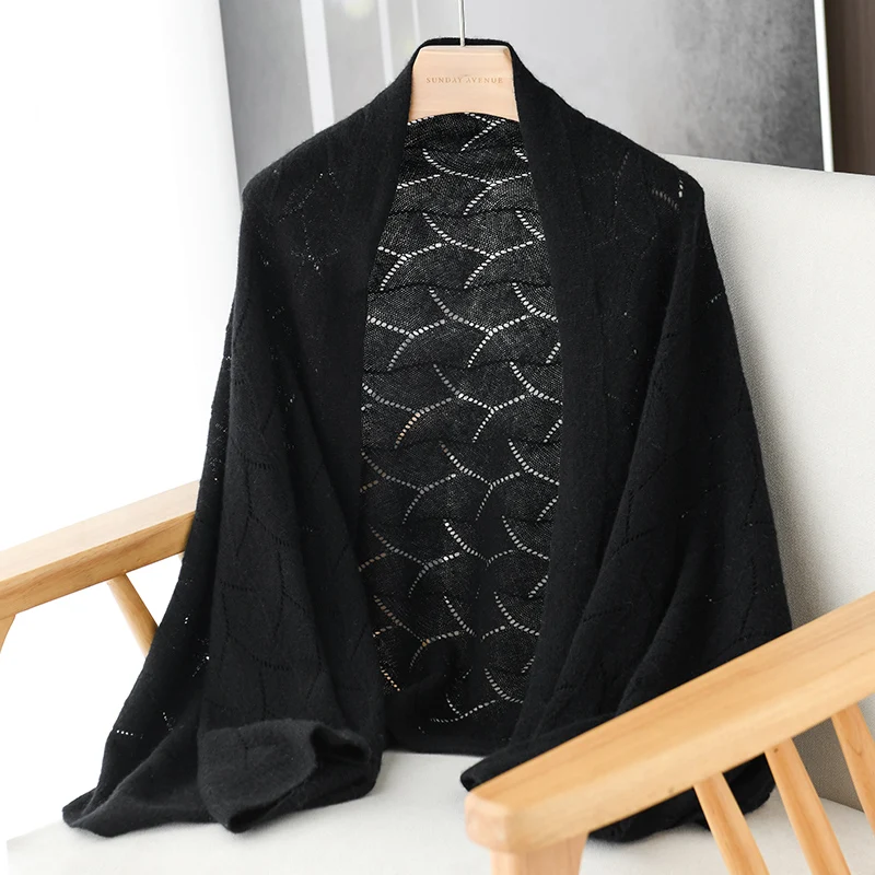

Spring And Summer New 100% Cashmere Shawl Cardigan For Women Hollow-Out Cape Air Conditioning Cover-Up Knitted Outerwear