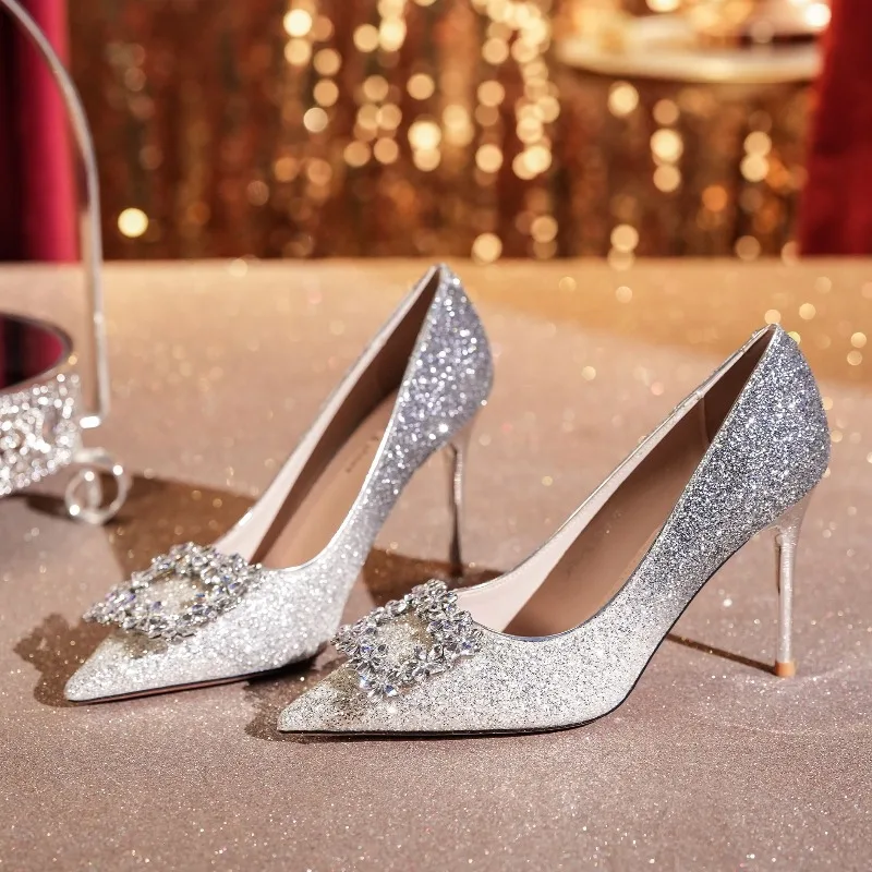 

8.5cm High Quality Women's Pumps and Heels Luxury Rhinestone Square Buckle Wedding Shoes for Women Fashion Thin Heel Women Shoes