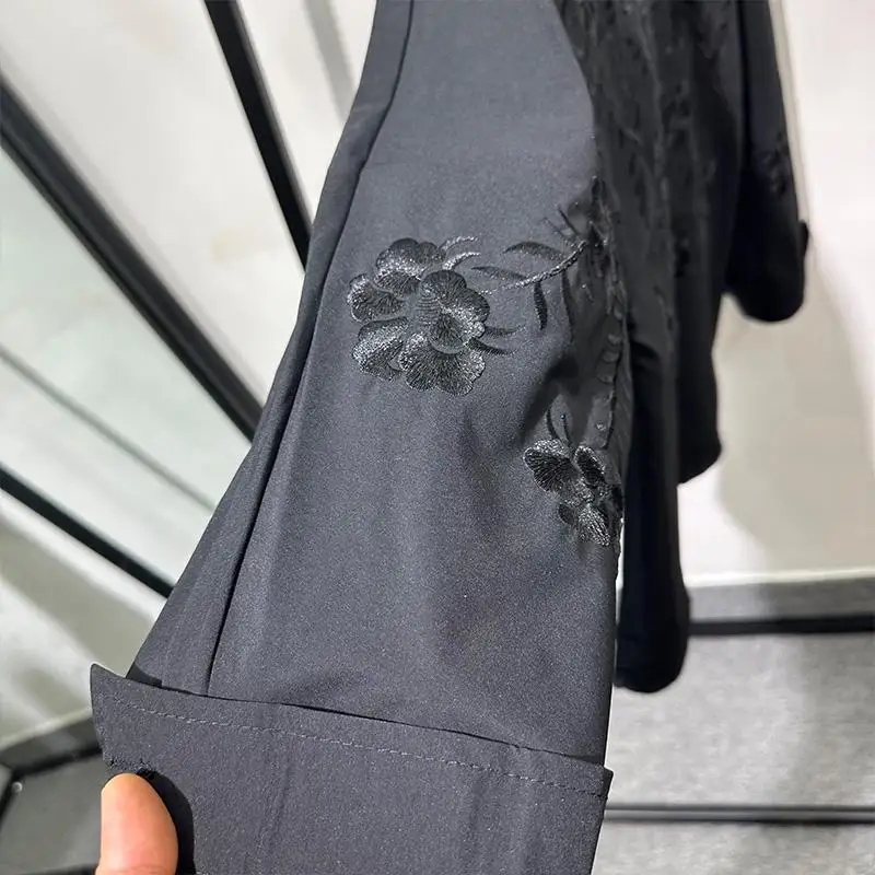 High Street Tees Tshirt Men's Dark and Fashionable Loose Embroidered Print Stand Up Collar Button Long Sleeved Shirt Top