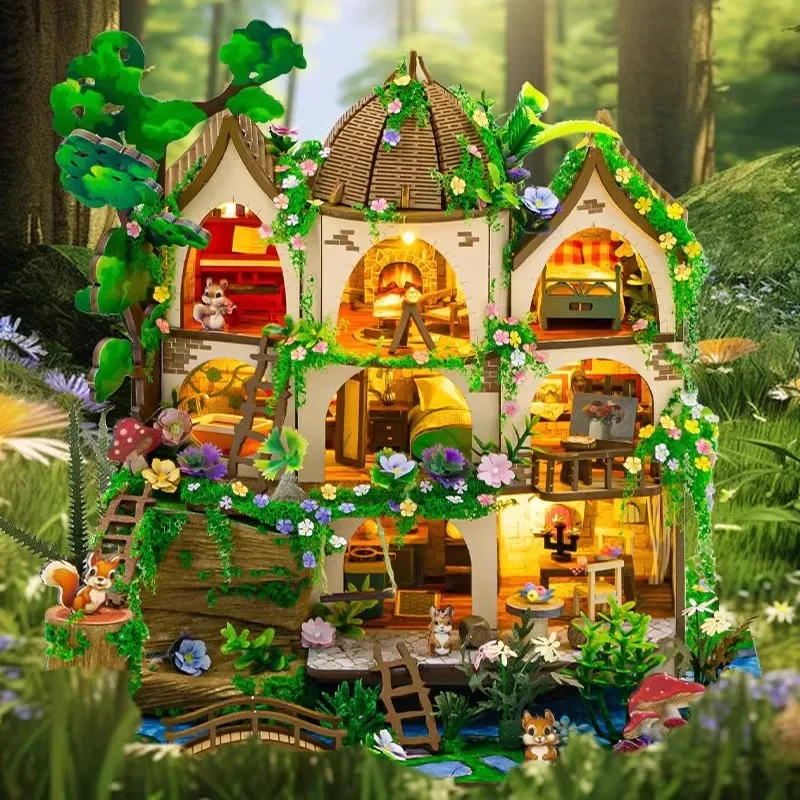 Diy Wooden Forest Castle Cottage Miniature Building Kits Doll Houses With Furniture Casa Dollhouses For Friends Birthday Gifts
