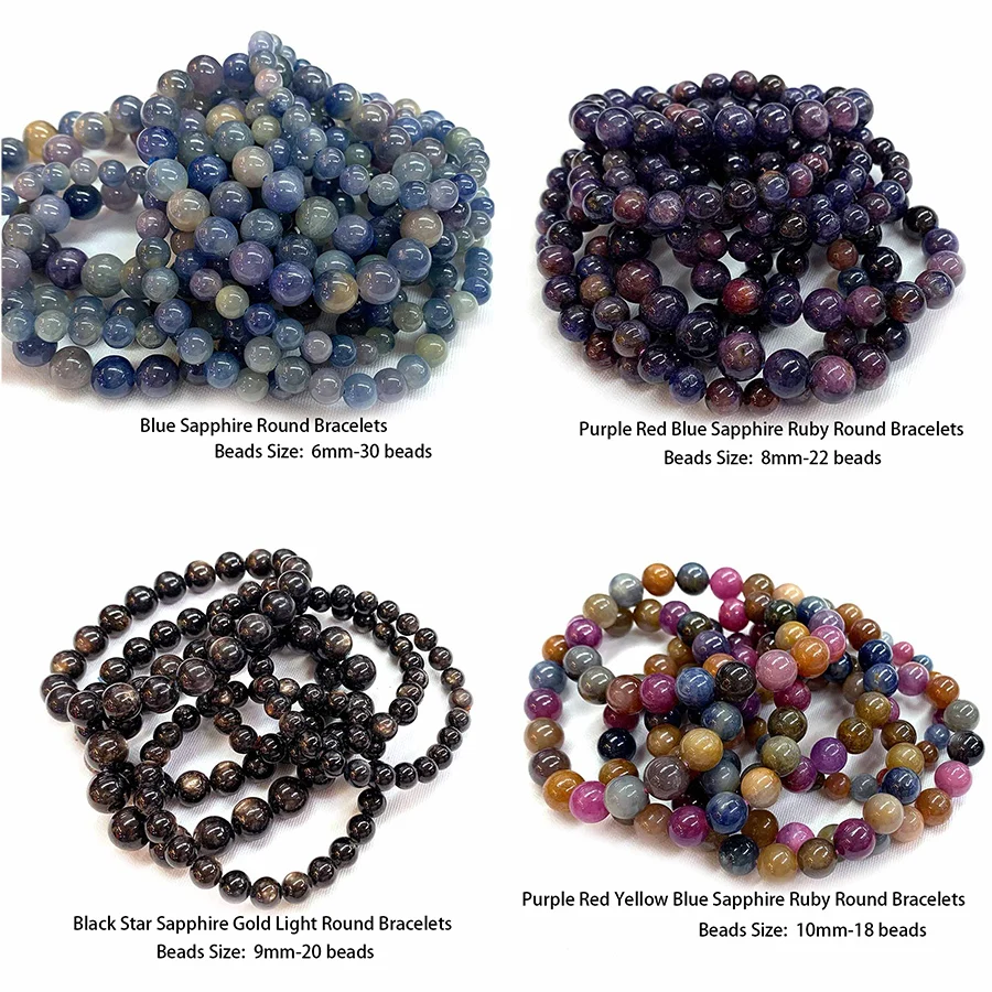 Veemake Natural Real Purple Red Yellow Blue Black Star Gold Light Sapphire Ruby Round Beads Bracelets Charms Gemstones Jewelry