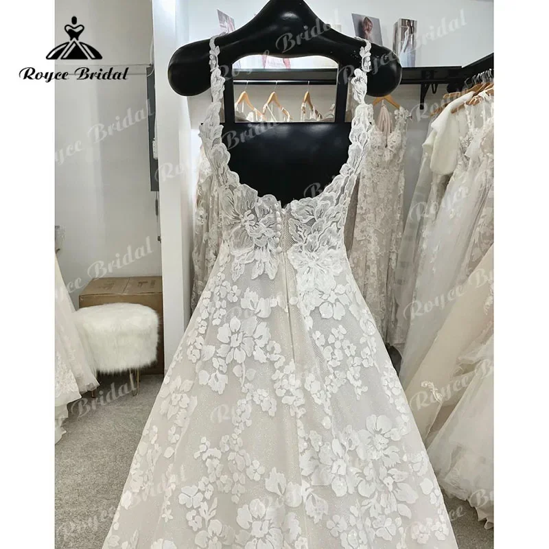 Romantische Spaghettibandjes Vestido Trouwjurk Aangepaste Kant Bloemen Vierkante Kraag Backless Bruidsjurk robe de mariée 2025