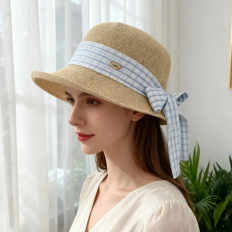chapeau-de-paille-style-francais-avec-nœud-en-ruban-pour-femme-protection-solaire-chapeau-de-plage-d'ete-chapeau-amincissant-le-visage