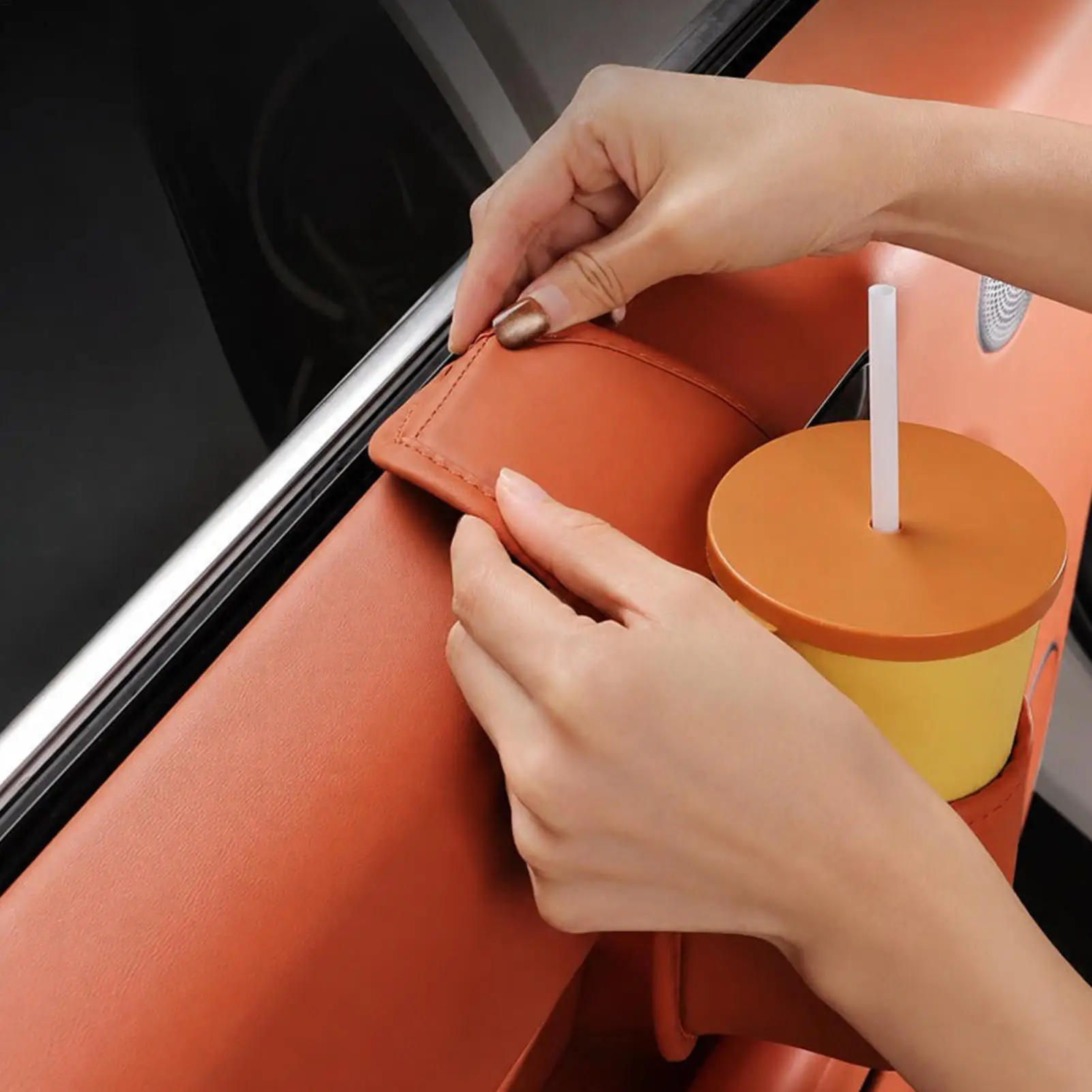 Car Door Cup Holder PU Leather Scratch-Resistant Universal Adhesive Auto Water Bottles Tumbler Coffee Mugs Holder Trash Bin