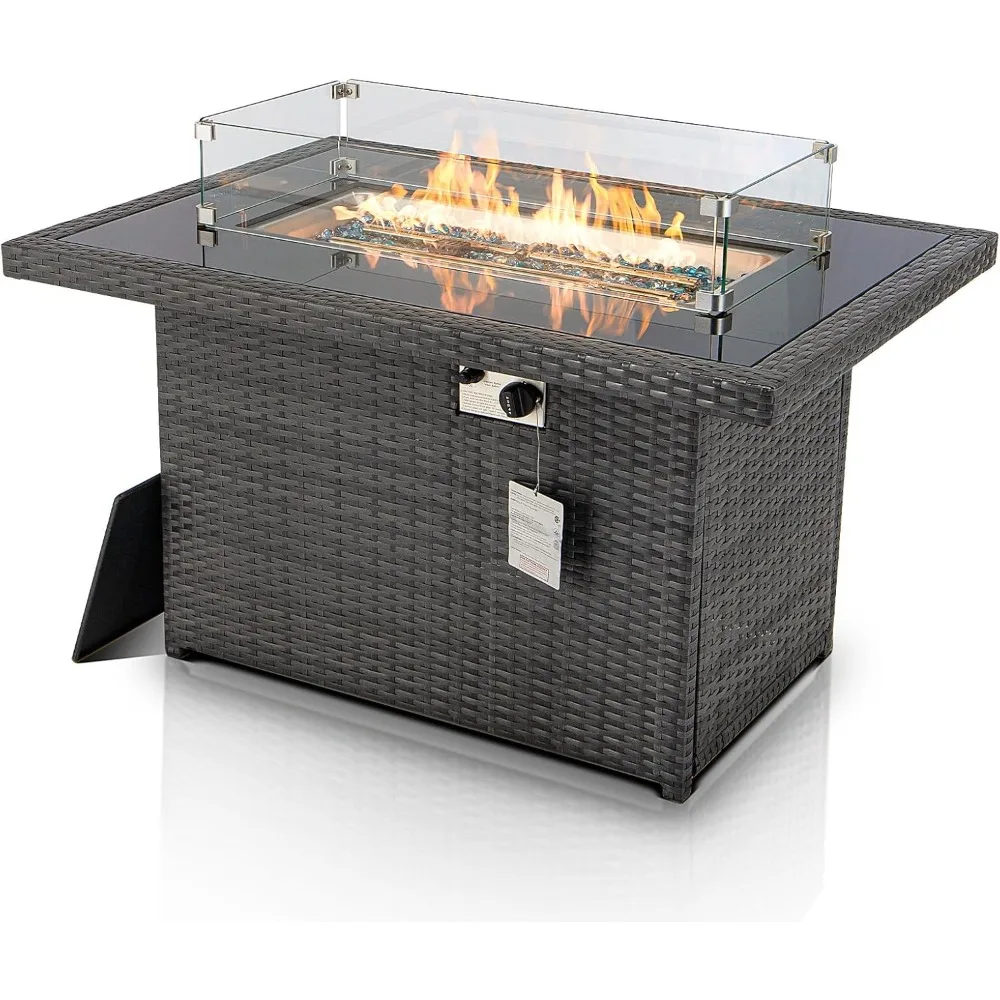 

PE Wicker 43" Patio Outdoor Propane Fire Pit Table with Waterproof Cover 55,000 BTU Auto-Ignition Gas Fire Pit Table with 8mm T