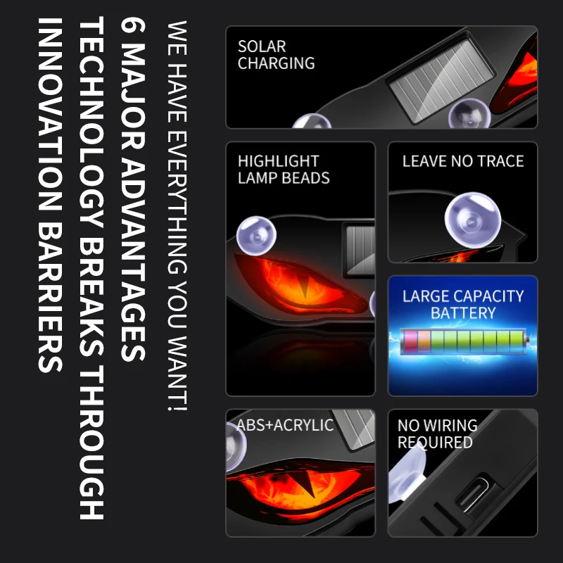 Cool DEMON EYE Ambient Light Solar Powered Breathing Neon Light Car Decoration Rear Windshield Atmosphere Lights Car Accessories