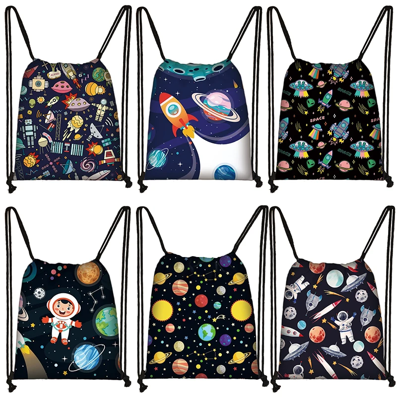 Spaceship Pilot Printing Backpack Women UFO Astronaut Drawstring Bags For Travel Shoes Storage Bag Holder Teenager Bookbags Gift