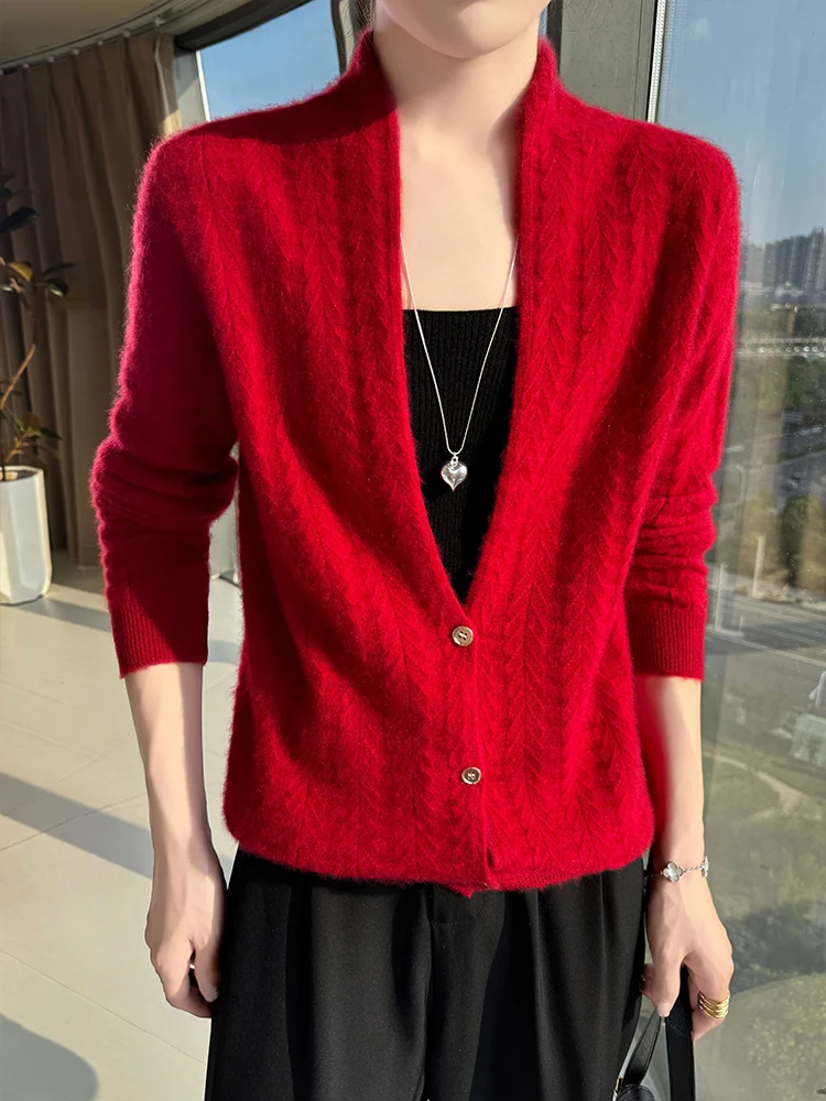 

Women's Scarf Collar Wool Sweater Twist Flower Jacquard Cardigan Autumn Winter 100% Merino Wool Knitwear Vintage Long Sleeve Top
