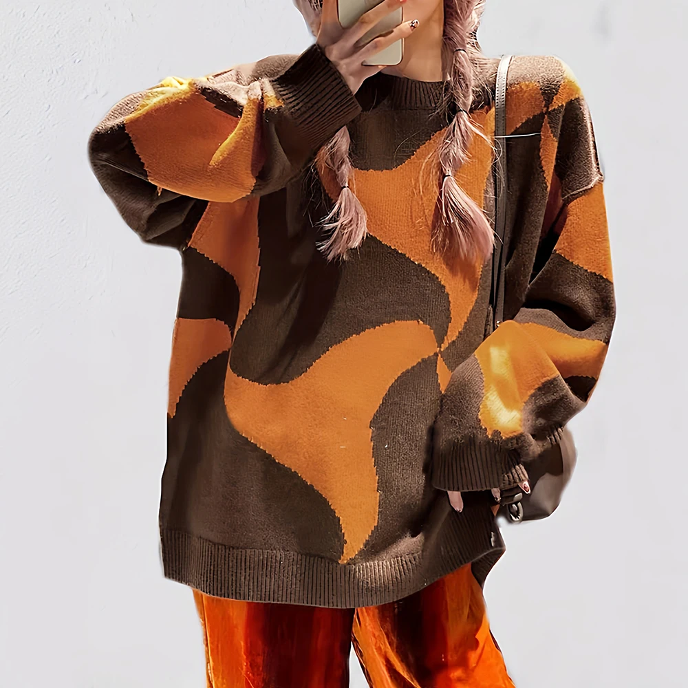 Damski sweter w stylu retro, kawaowo-pomarańczowy, kontrastowy, dzianinowy, z falistym wzorem żakardowym, luźny, w stylu lazy street, modny strój.