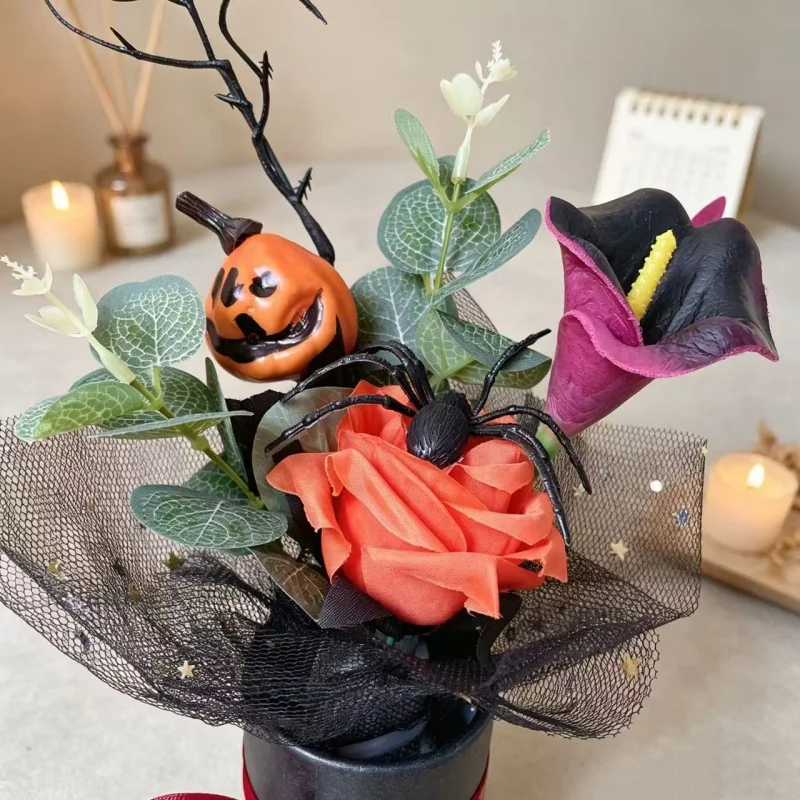 Halloween Skull Plush Dolls With Artificial Flowers Spider Creative Handmade Bouquets Home Decor Christmas Halloween Gifts