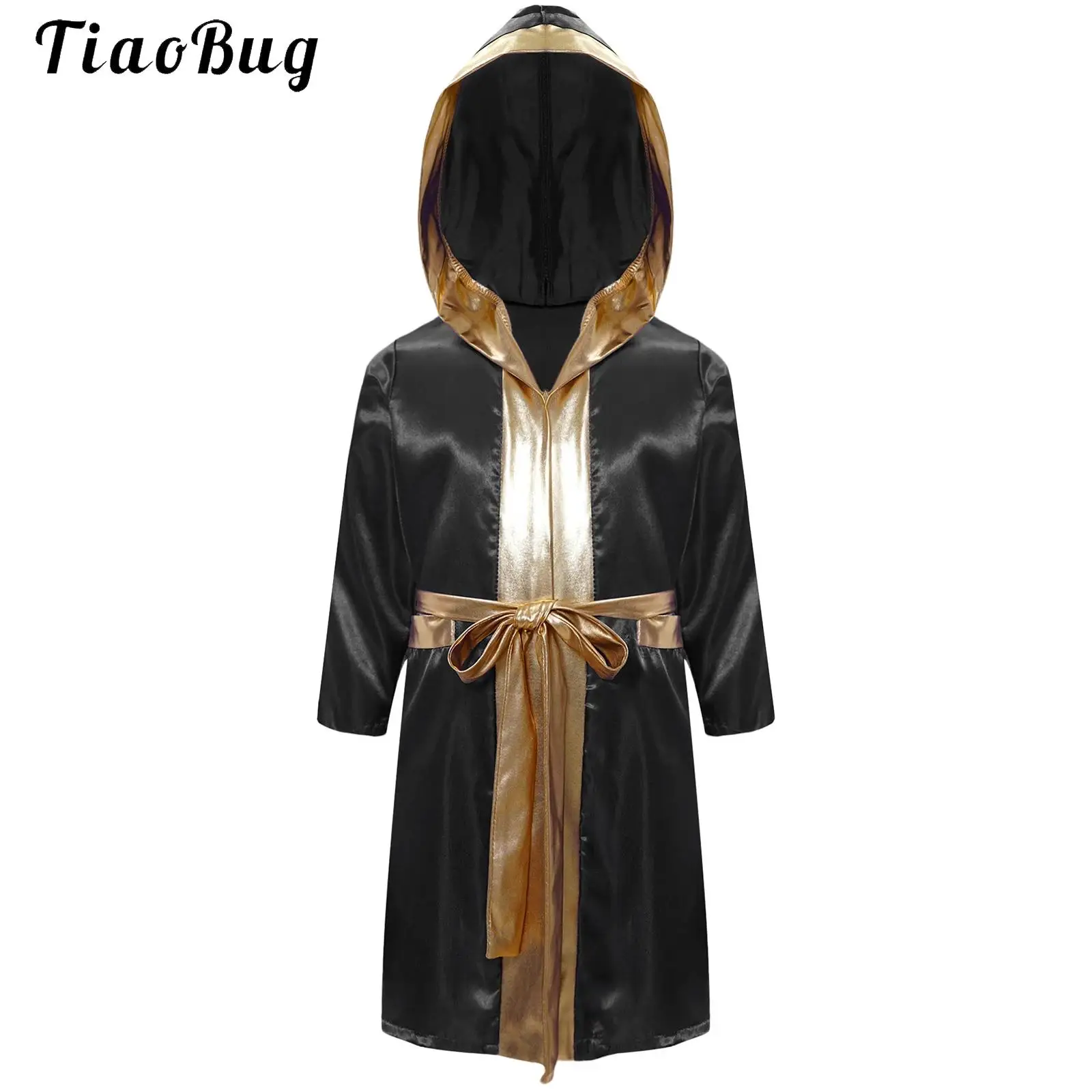 Kids Boys Boxing Robe Costume Satin Long Hooded Boxer Claok Cape with Belt Halloween Cosplay Costume