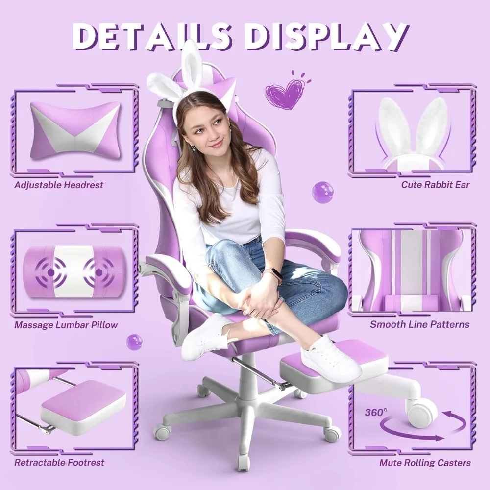 كرسي ألعاب Kawaii باللون الأرجواني الفاتح مع آذان أرنب، مريح ولطيف للاعبين، مستلق مع مسند للقدمين وميزات التدليك #4