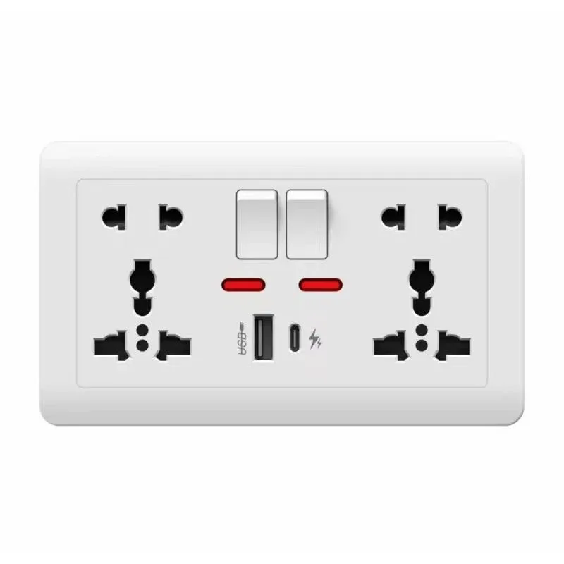 86/146 Wall Power Supply Multi-function 3/5-pin Universal Socket with 2.1A  10W Dual USB Type-c Charging Ports, 13A UK Socket