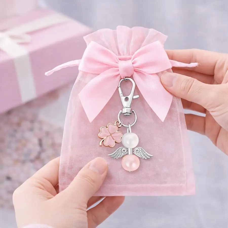 1/5/10/20/50/100pcs Gift for Her/Him - 10 Clover and Angel Keychains with Organza Bags and Ribbons, Elegant Set for Weddings, Bi