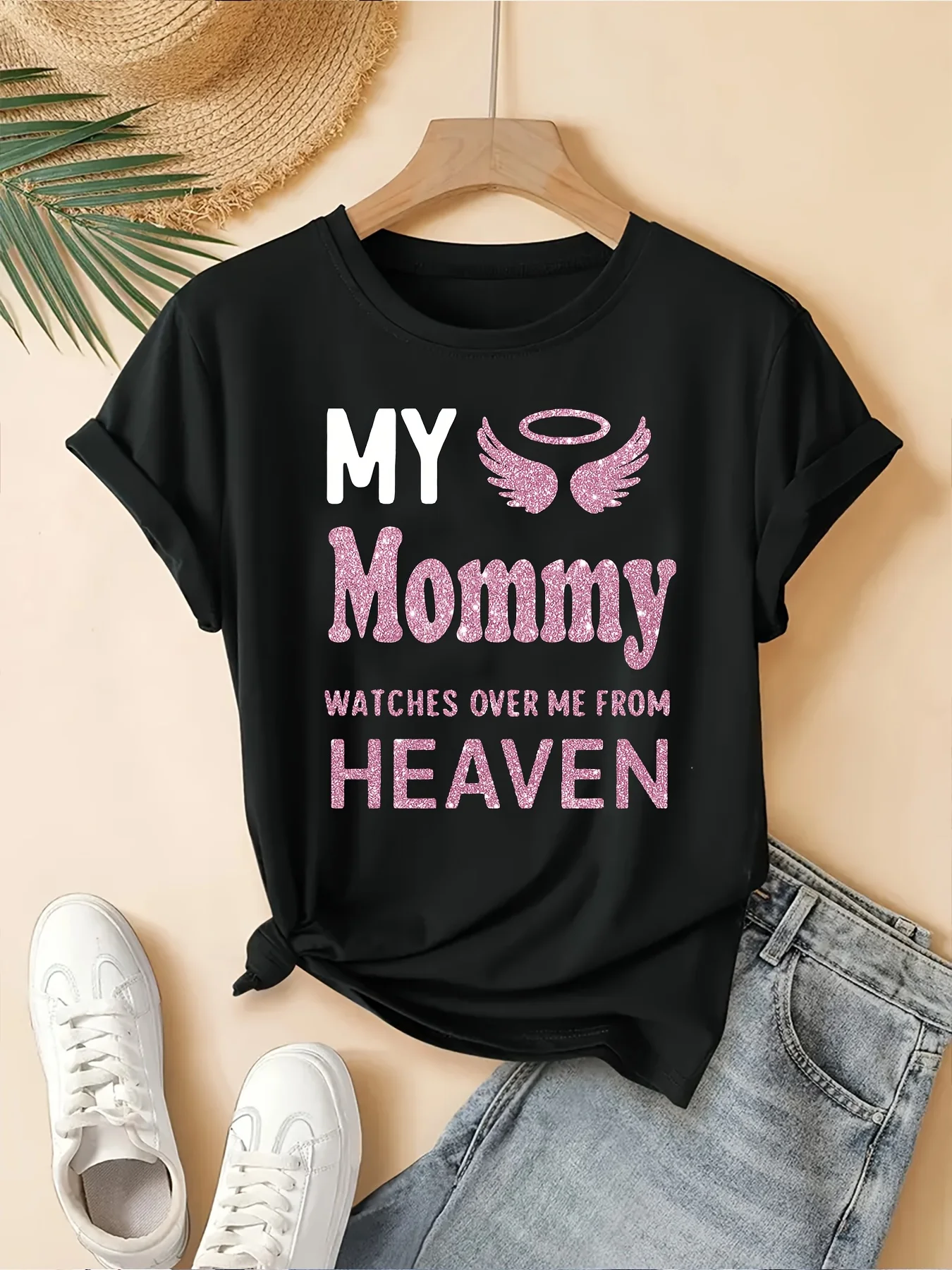 T-Shirt imprimé ailes d'ange ma maman regarde sur moi du ciel, T-Shirt à Slogan confortable et coupe ample pour femmes, col rond décontracté