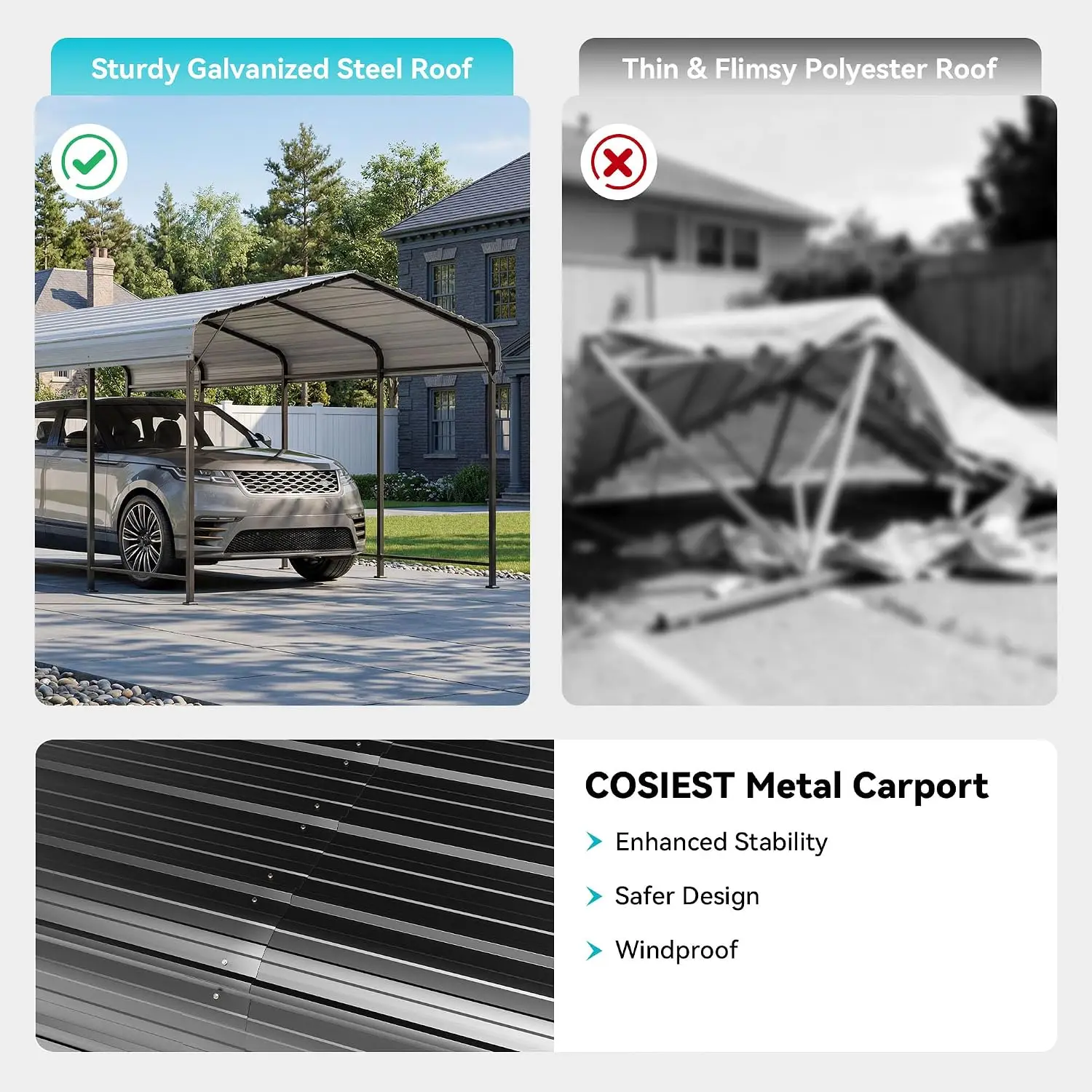 10x20 FT Heavy Duty Metal Carport, Galvanized Steel Roof All Weather Garage Canopy, Waterproof, Windproof, Outdoor, Customized