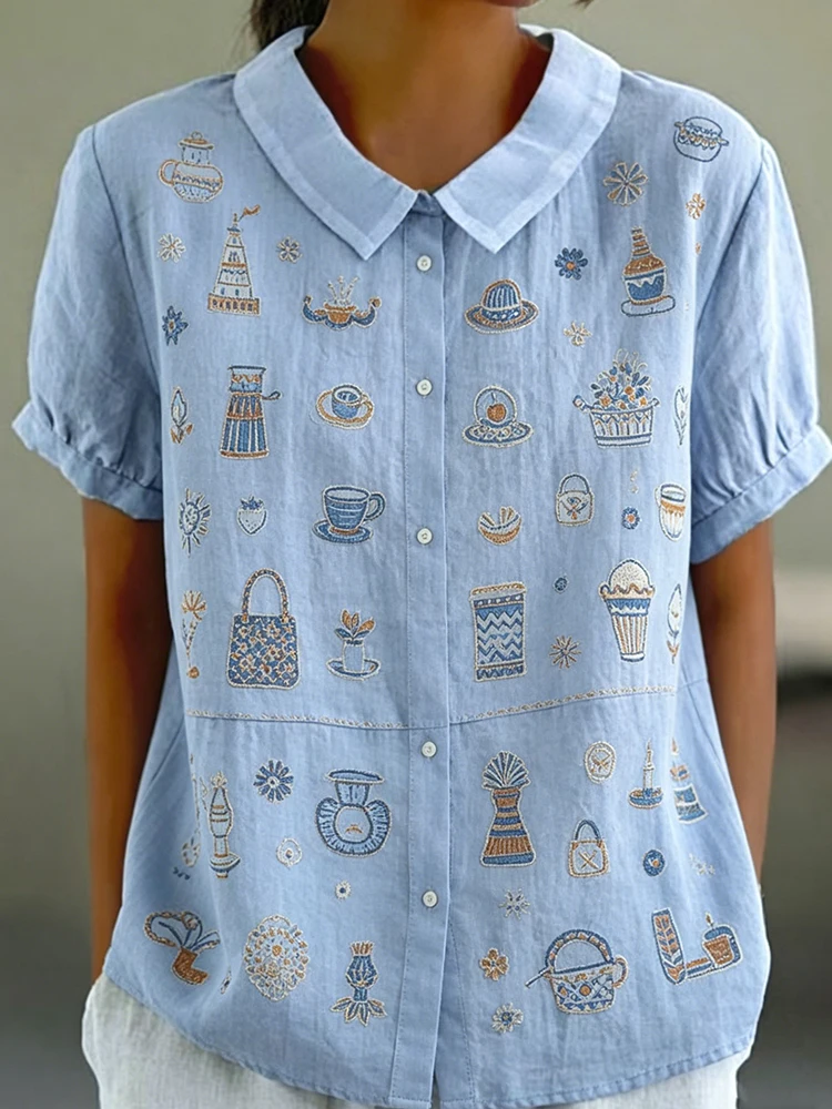 

Women's Casual Loose Button Up Shirt With Art Print Short Sleeve Summer Daily Streetwear Vintage Blouse Top