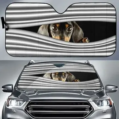 Funny Dachshund Behind Curtain Car Sunshade, Black and Tan Dachshund Behind Window Curtain Auto Sun Shade for UV Sun Block, Gift