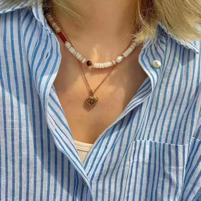 Freshwater pearl mixed color shell beaded necklace fashion agate tiger's eye stone necklace niche design collarbone chain