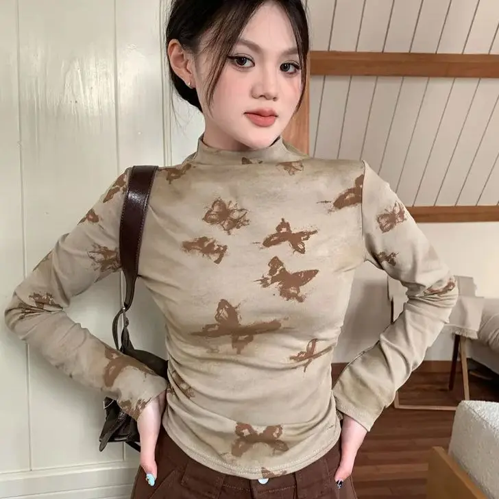 

Butterfly Print Half Turtleneck T-Shirt Long Sleeve Niche Design Women 2024 Autumn Winter New Pleated Short Top