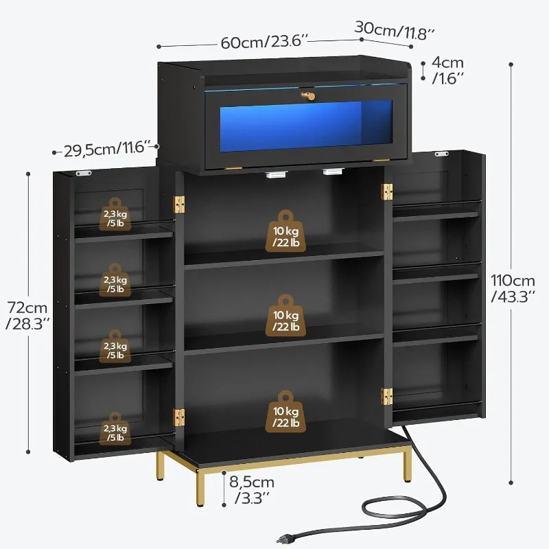 Pantry Cabinet with Charging Station, Kitchen Pantry Cabinet with LED Light and Storage Shelves, Kitchen Pantry with Acrylic