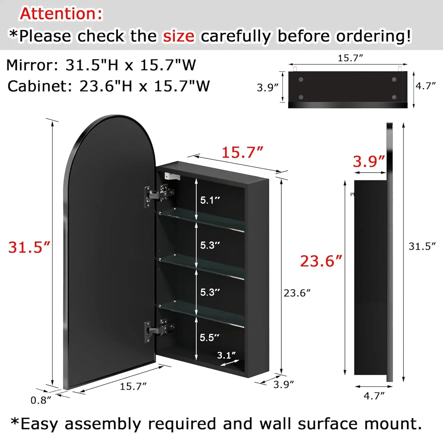 Arched Medicine Cabinet with Mirror, Bathroom Medicine Cabinet Organizer, Mirrored Medicine Cabinet Surface Wall Mount, Bath Van