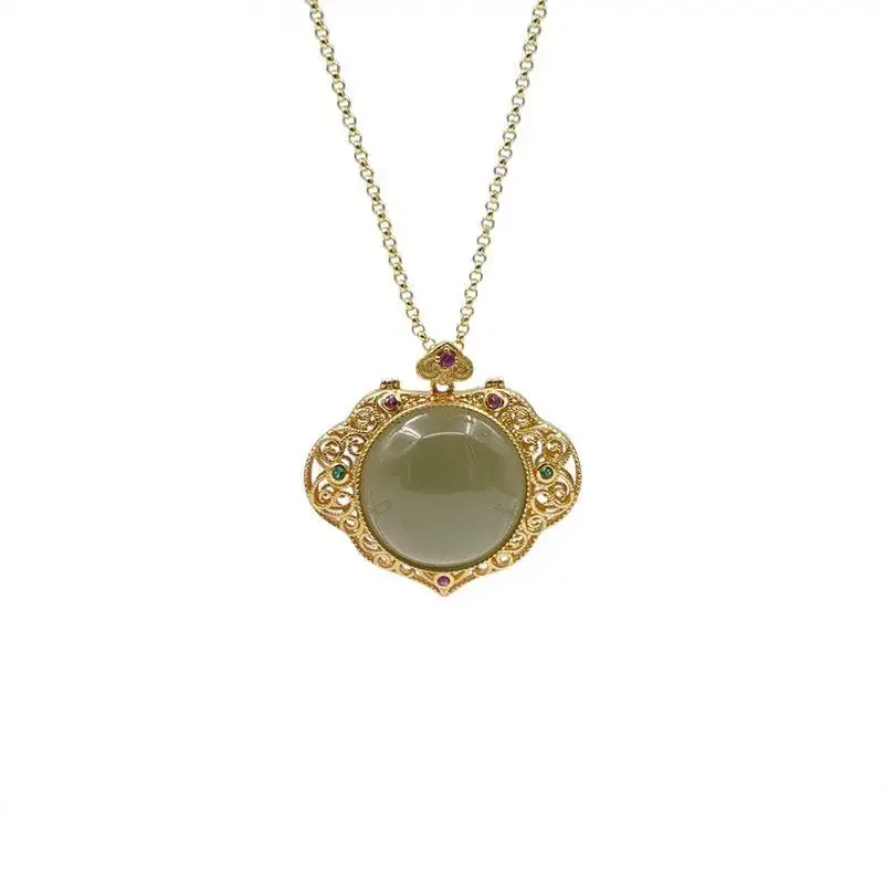Natural Hetian jasper crystal double-sided pendant palace style hollow can open the Gawu box necklace ancient silver jewelry image 6