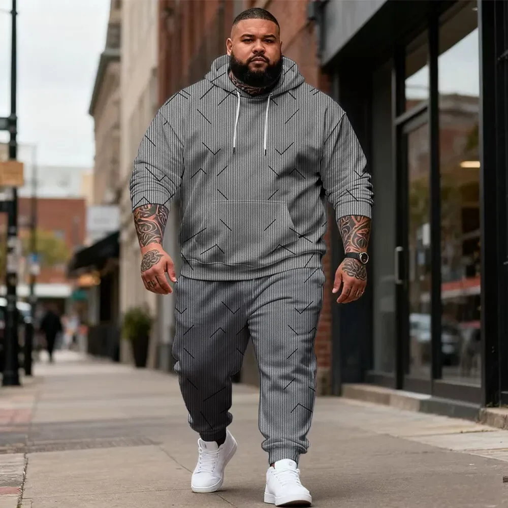 Men's Plus Size 2 Piece Geometric Print Hoodie and Jogger Pants Set, Fine Stripes, Crossed Lines or Rectangular Frames, S-9XL
