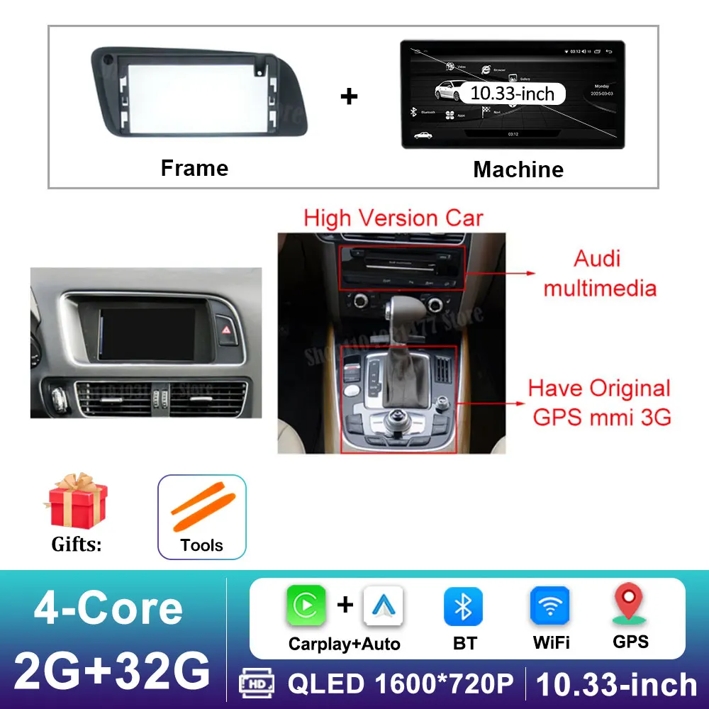 12,3 inch GPS Navigatie Draadloze Carplay Android 16 voor Audi Q5 2009 - 2017 BT Auto Multimedia Video Radiospeler 4G Auto Gereedschap