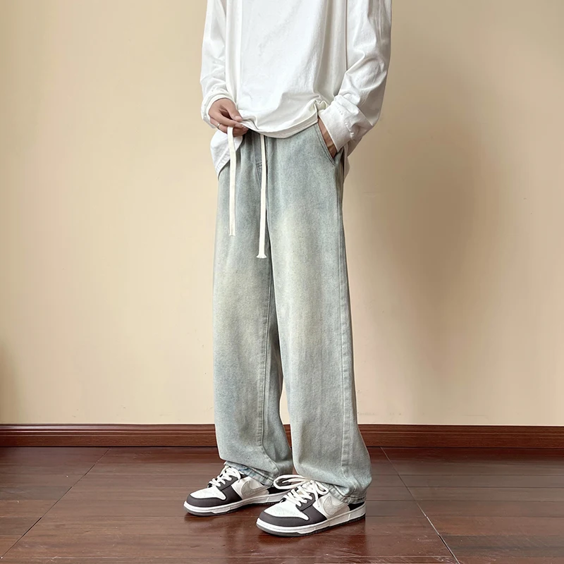 

Youth Casual Loose Straight Leg Jeans Men's Spring Autumn Faion No Iron Wide Leg Sports Pants Elastic Waist Denim Jeans