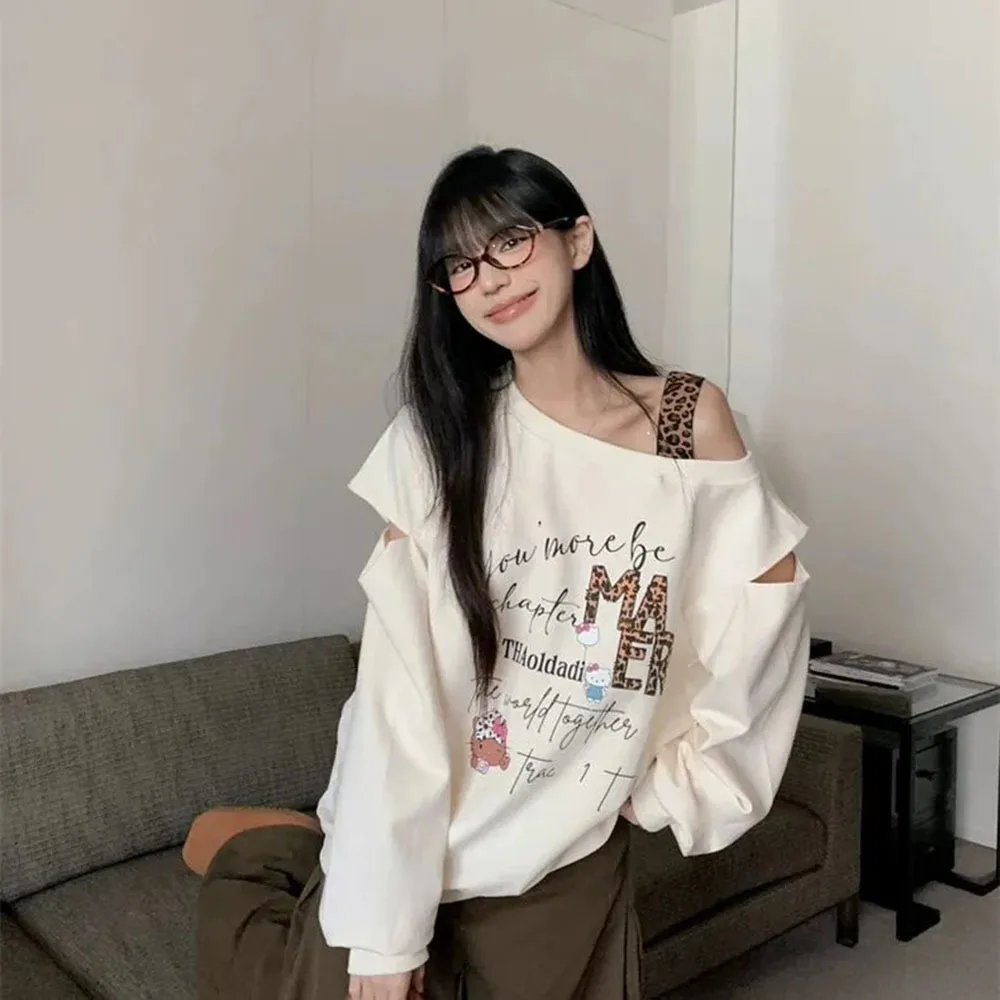 

Толстовки с леопардовым принтом в корейском стиле, женская одежда, повседневные толстовки с открытыми плечами и длинными рукавами, осень-весна, новые свободные женские топы