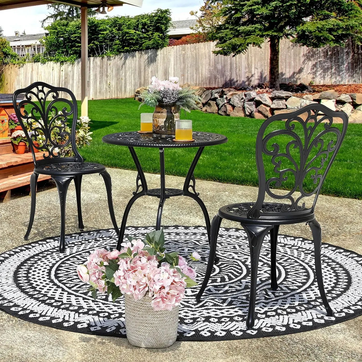 3 Piece Outdoor Bistro Table Set, All Weather Cast Aluminum Patio Chairs Set of 2 with Umbrella Hole for Yard, Balcony, Black